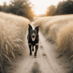 Perro paseando entre espigas al atardecer en un camino natural